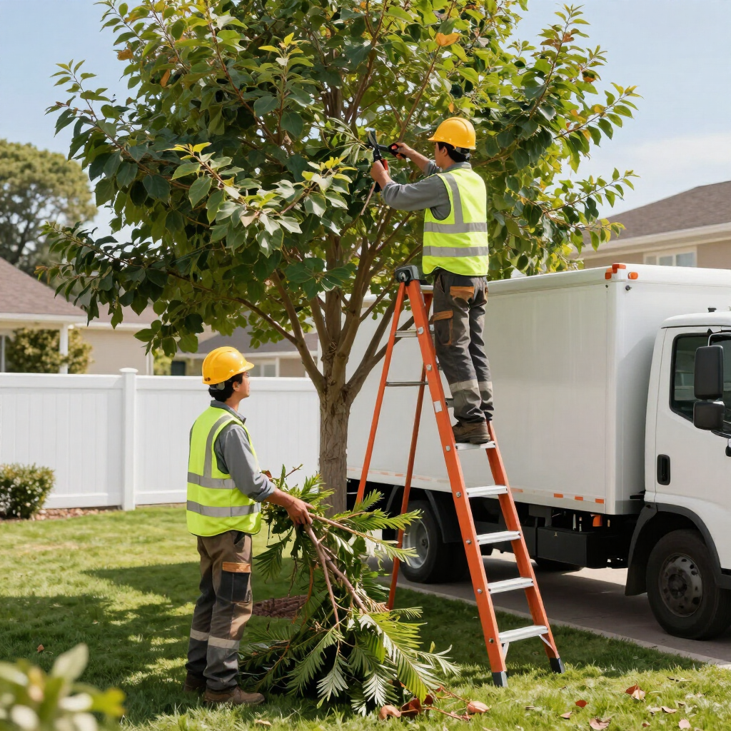 Two workers trimming a tree in a suburban yard beside a service truck