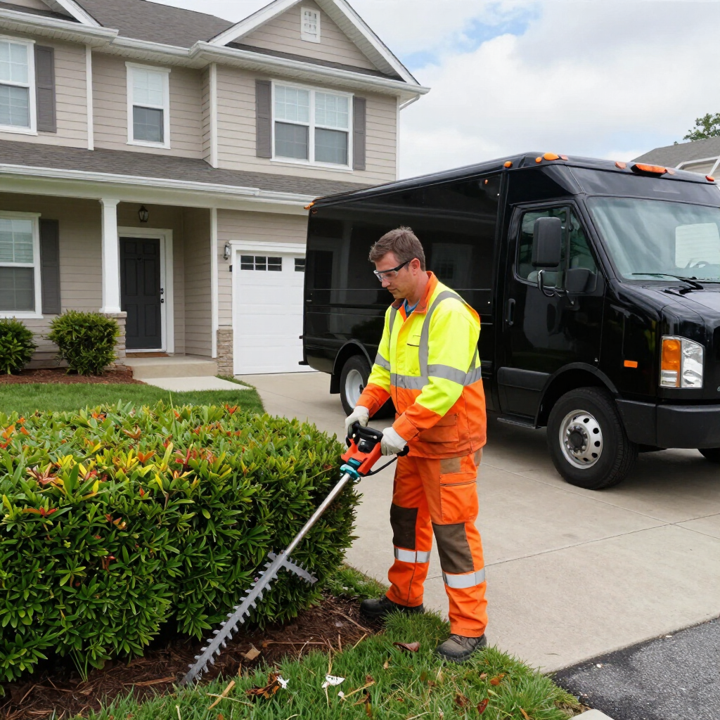 Utility worker trimming hedges beside a suburban house, with a black service truck parked in the driveway.