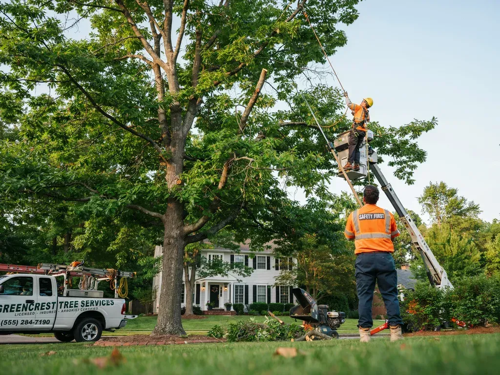 Workers trimming a large tree with a ladder in a suburban yard, near a house and utility truck.