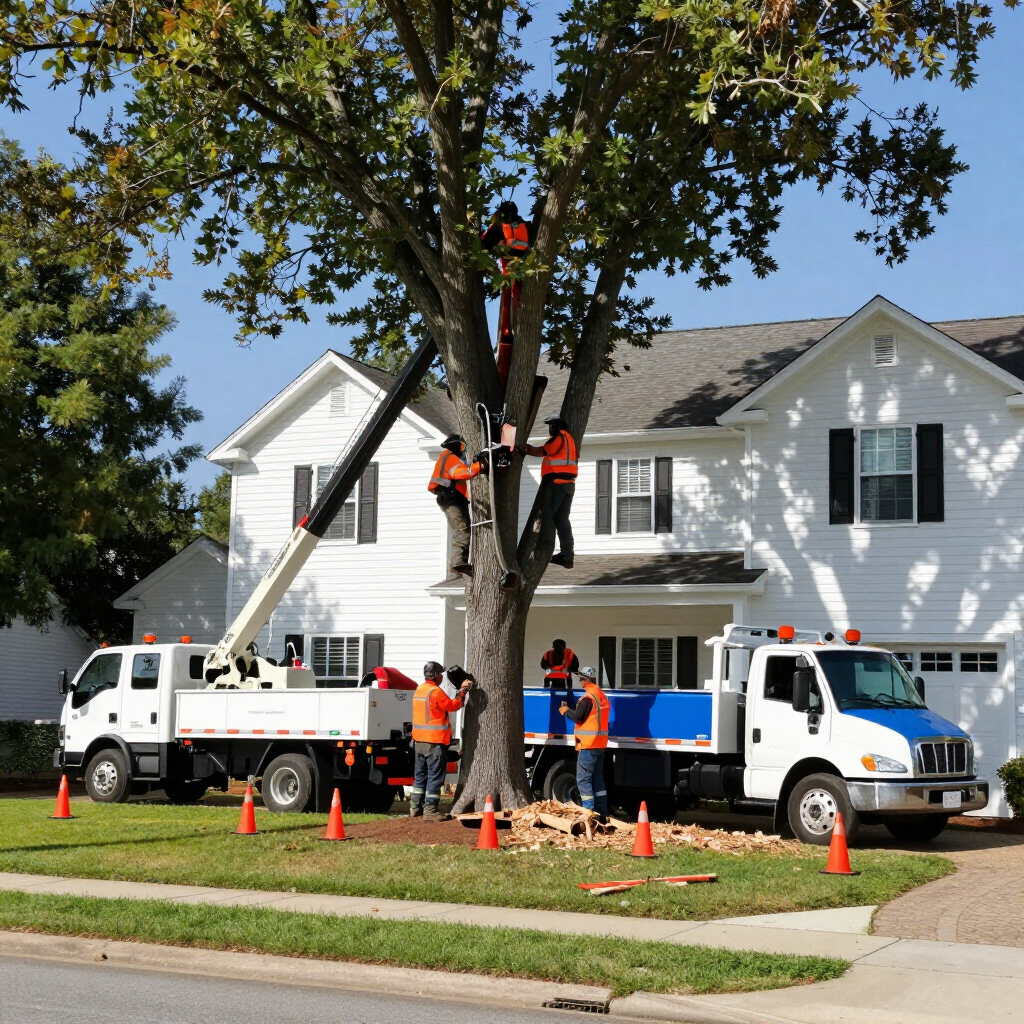 Tree service trucks work on a large tree in front of a white house with orange cones on the lawn