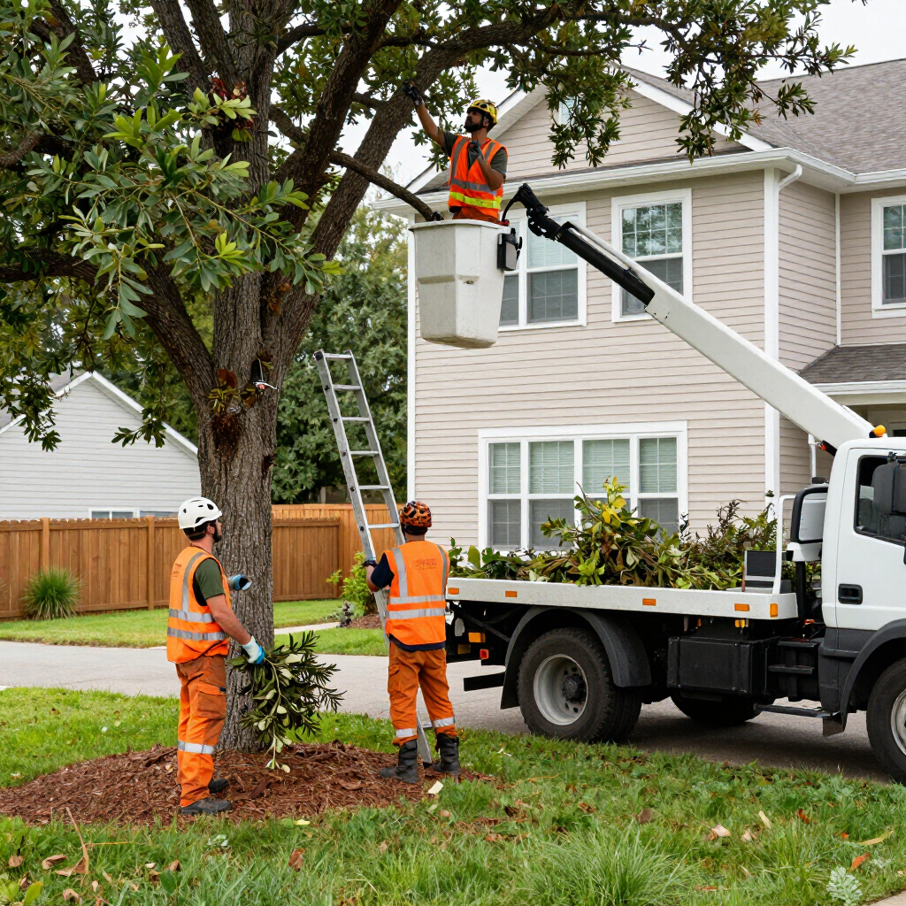 Workers trimming a large tree in a suburban yard beside a bucket truck and ladder.