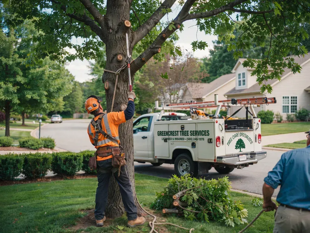 Arborist trimming a large tree in a suburban yard beside a utility truck