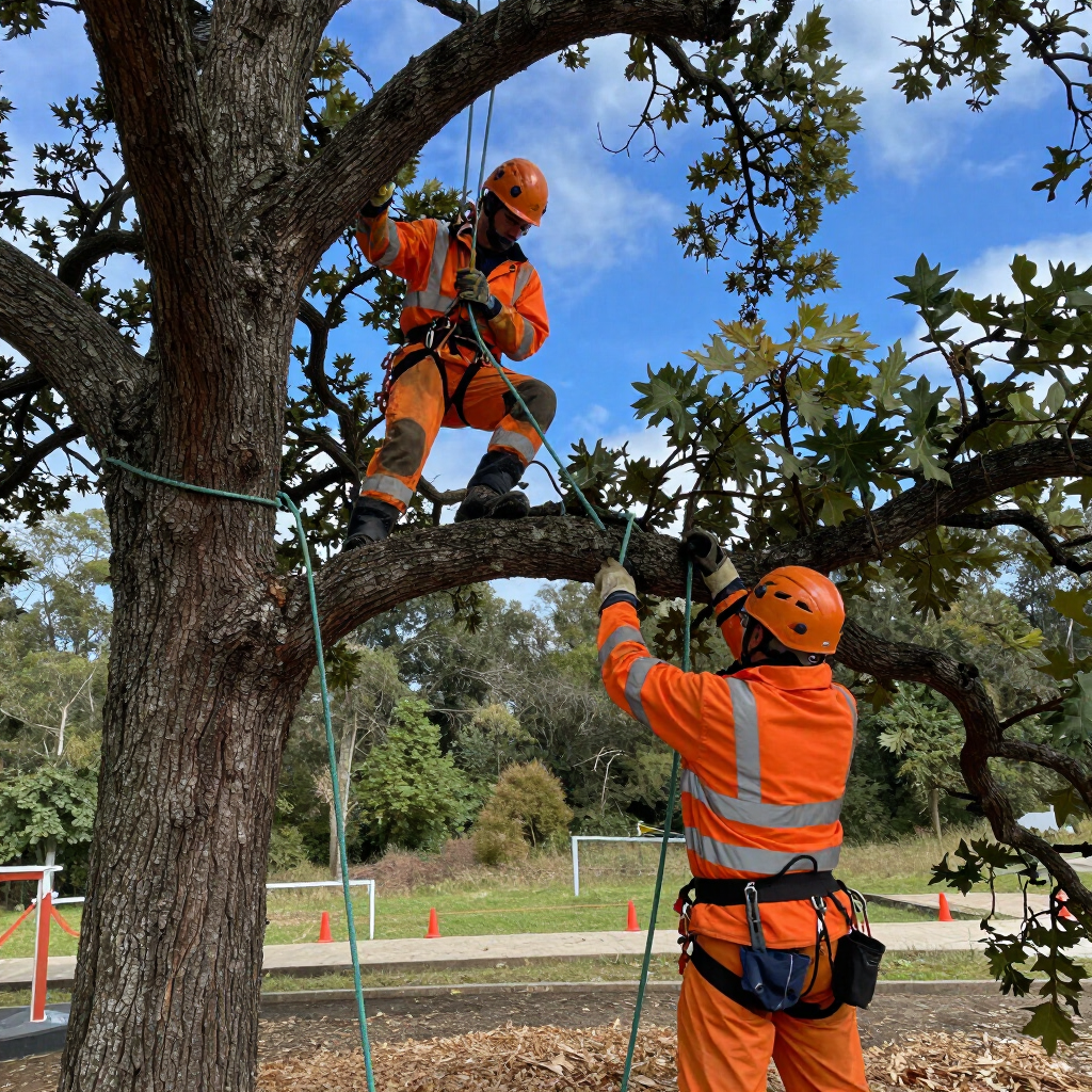 Worker in orange vest standing by cut branches and tools in a grassy yard near a tree and truck