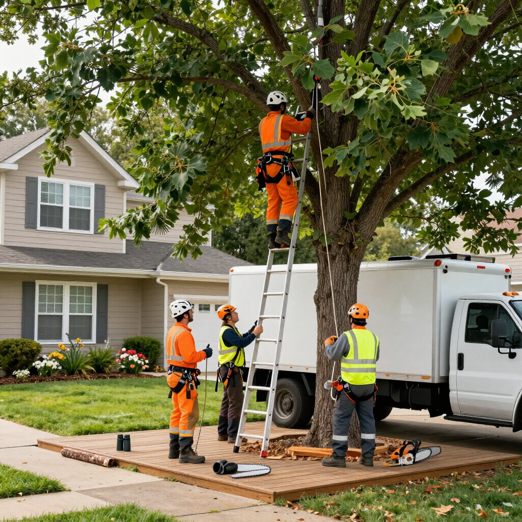 Tree trimming crew working on a large tree in a suburban front yard with ladder, truck, and tools