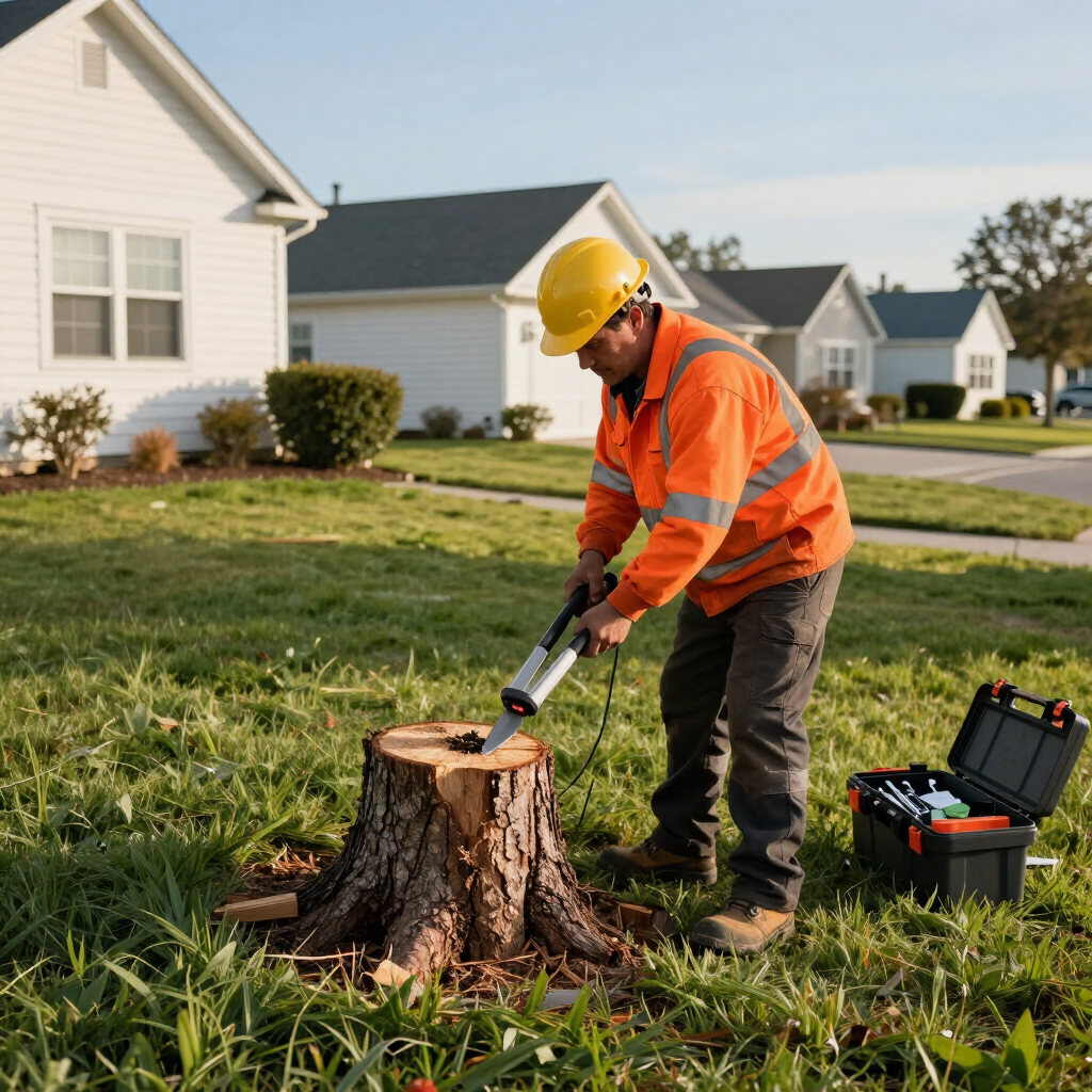 Two utility workers repair a damaged tree stump on a suburban lawn