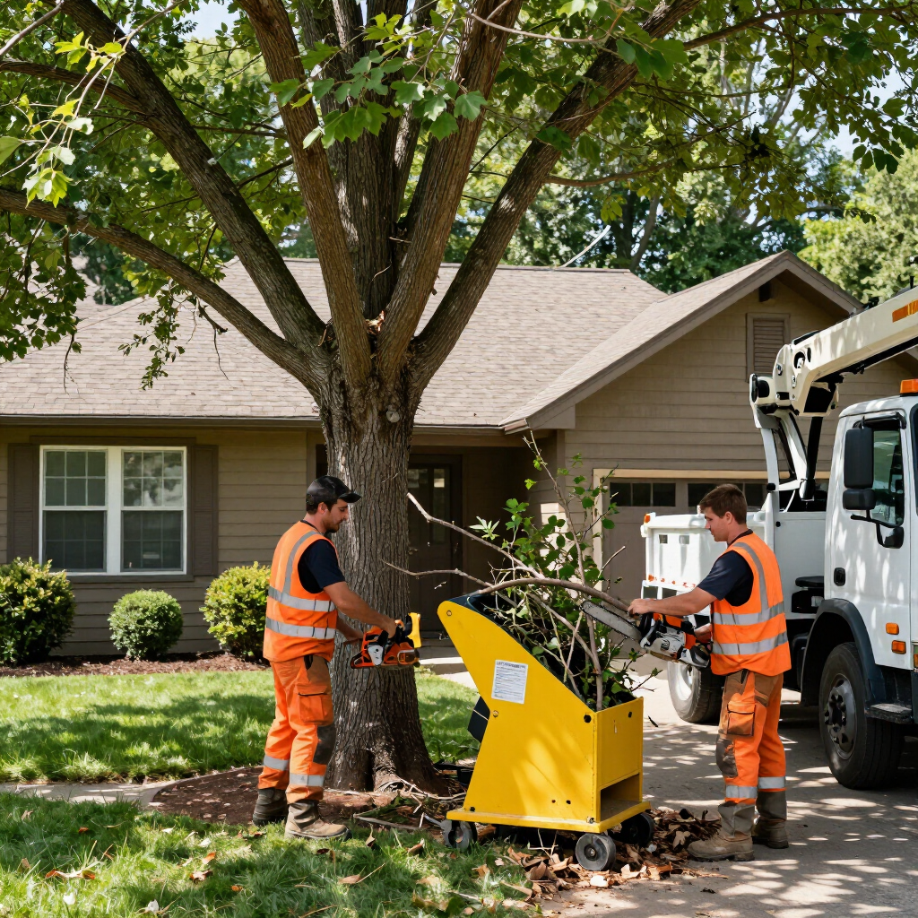 Workers trimming a large tree beside a house with a wood chipper and truck nearby