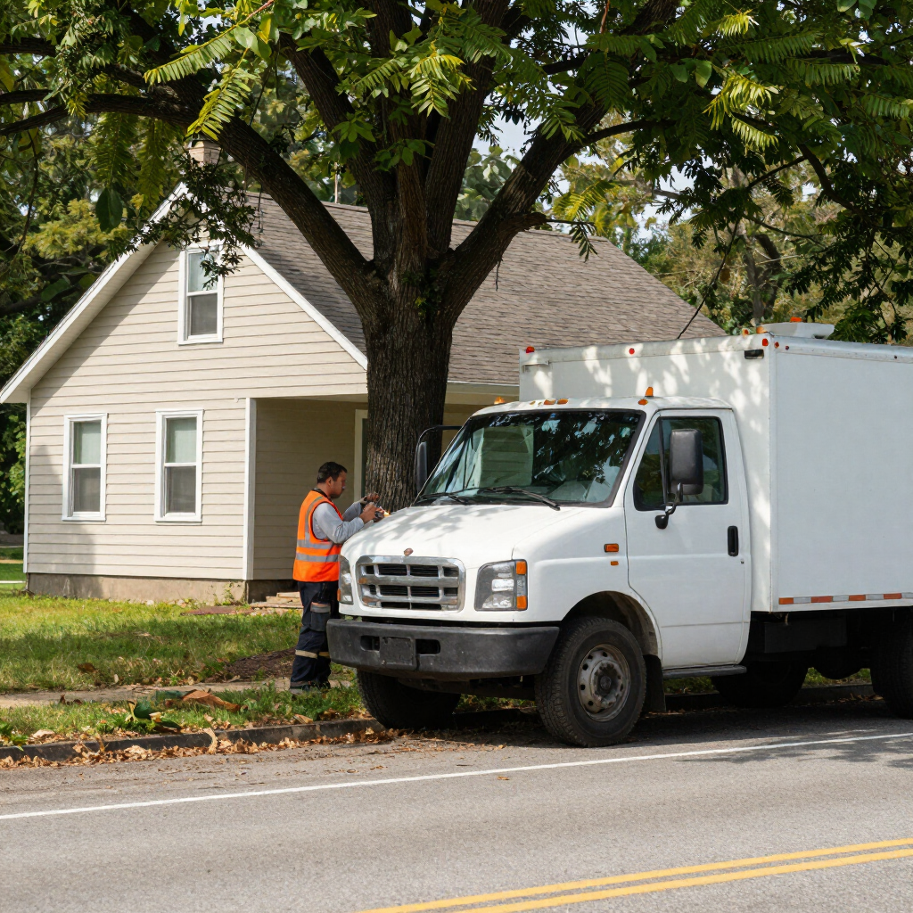 Utility worker in orange vest beside a white service truck near a tree and house in a rural roadside area