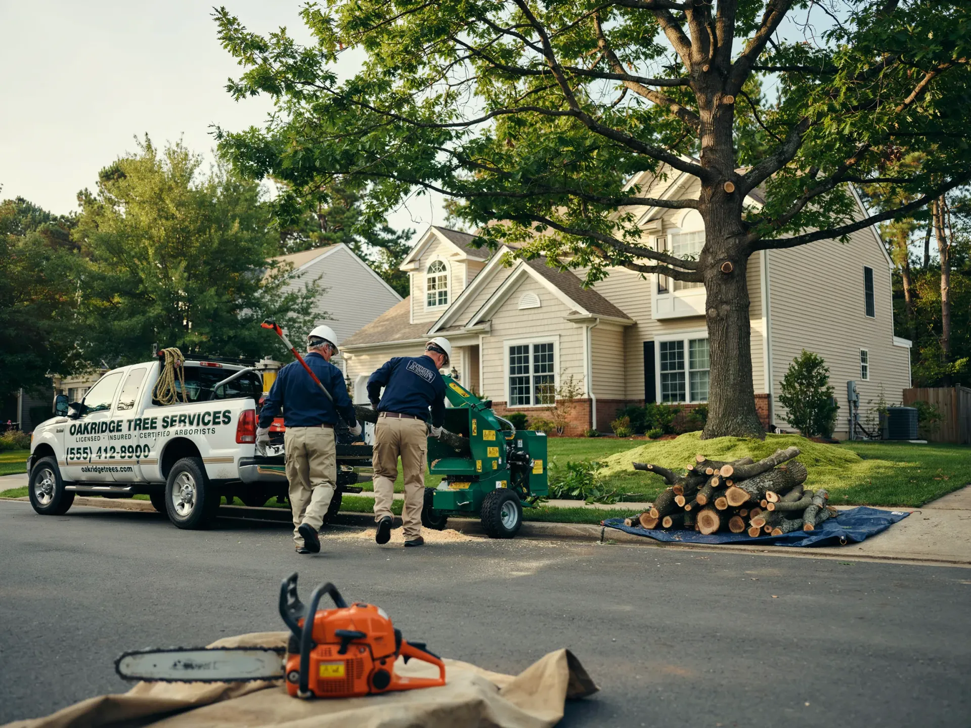 Workers with a utility truck and chainsaw clearing a fallen tree on a suburban street