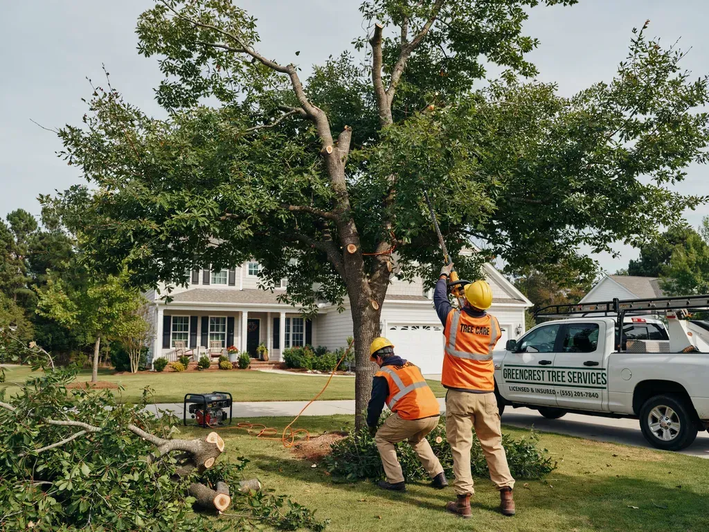 Two workers trimming a large tree in front of a house, with a white utility truck parked nearby.