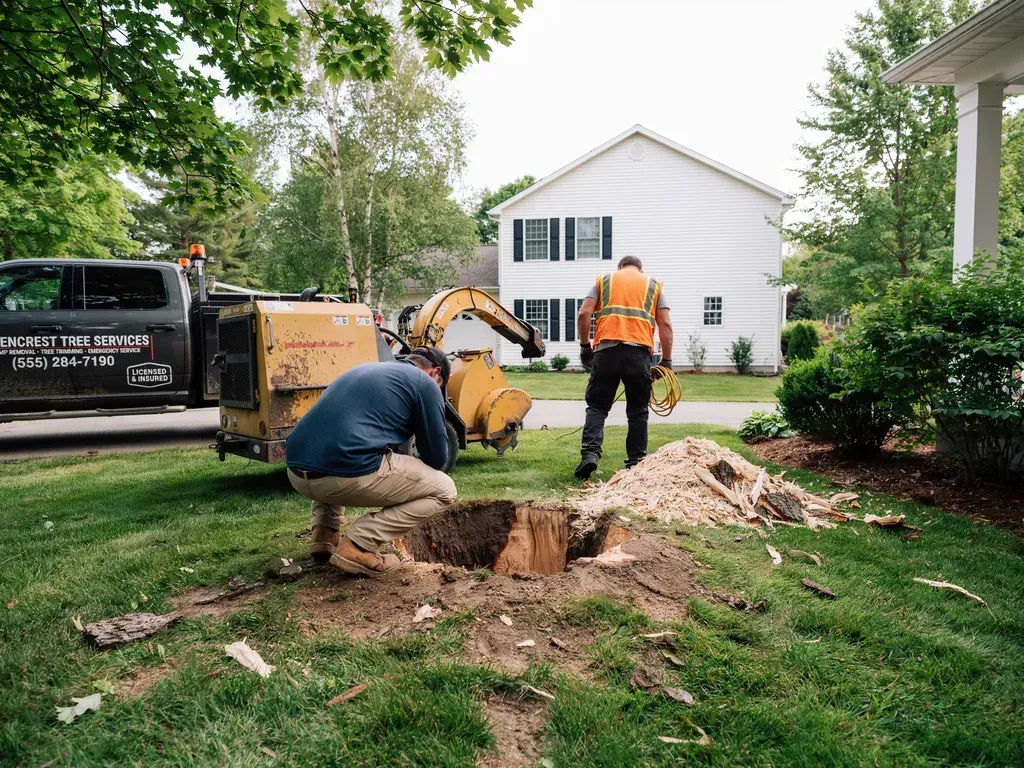 Two utility workers trimming a tree stump in a residential yard beside a truck and equipment.