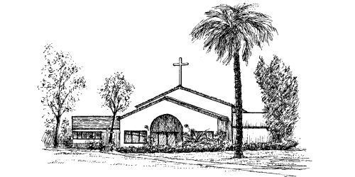 A black and white sketch of a church building with a cross on the roof and palm trees on either side.
