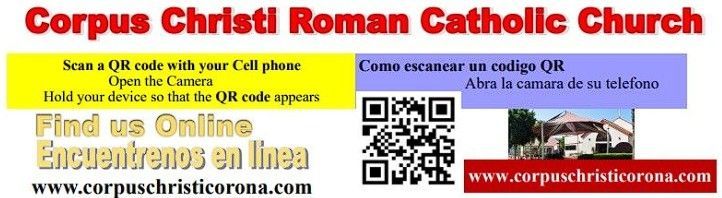 Corpus Christi Roman Catholic Church flyer with instructions for scanning a QR code and a link to its website.