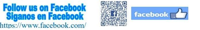 Social media call-to-action with bilingual text, a QR code, and a Facebook logo button.
