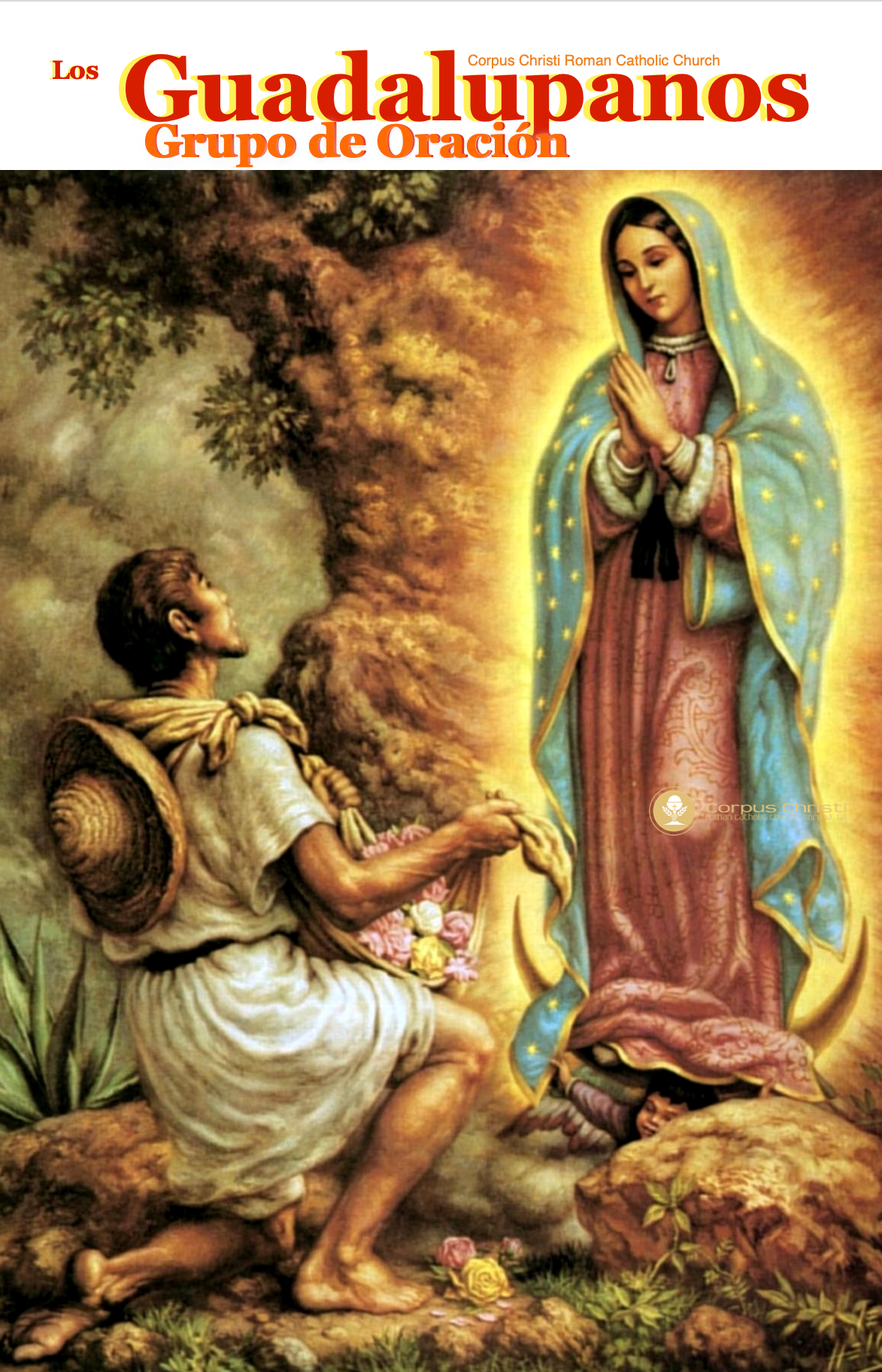 A man kneels and presents a bouquet to a radiant figure, Our Lady of Guadalupe, in a prayer group flyer.