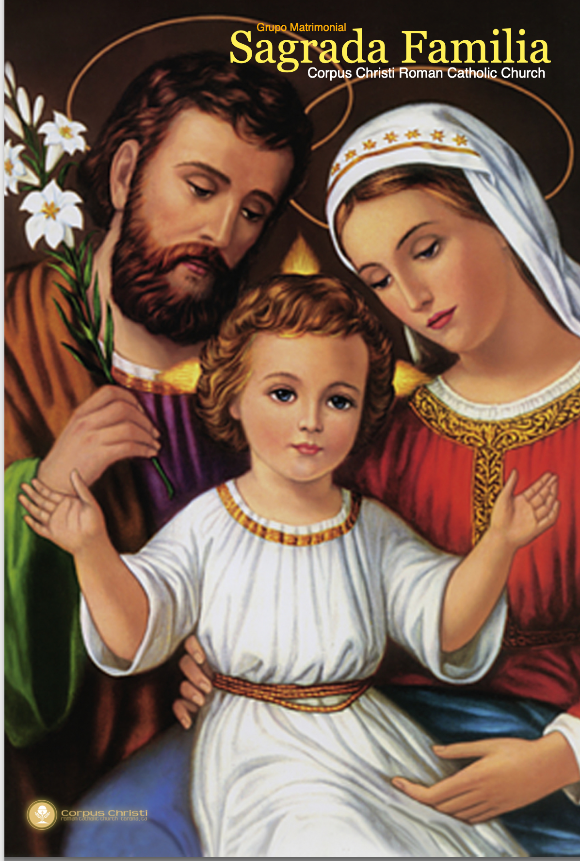 A devotional illustration of the Holy Family, with Joseph holding lilies and Mary embracing the child Jesus.