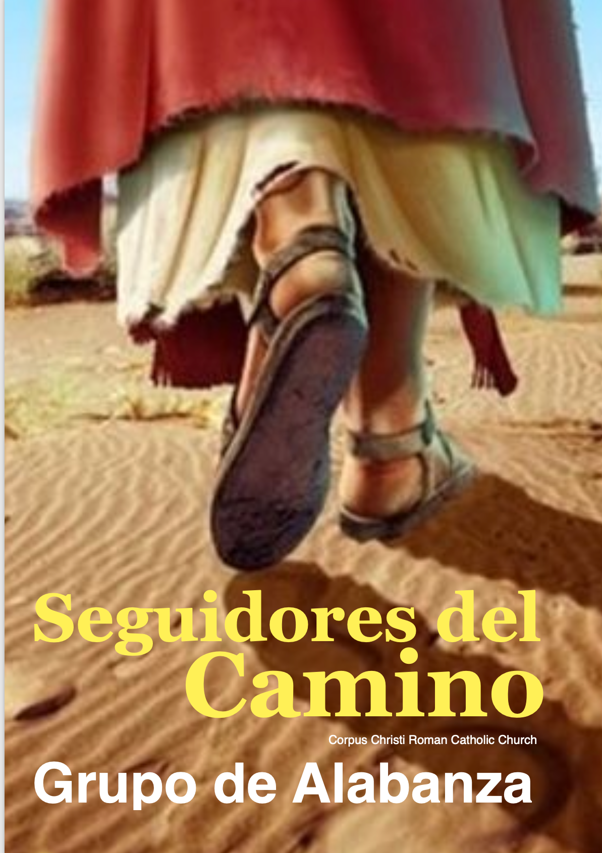 A person in sandals and robes walking on sand, with text reading 