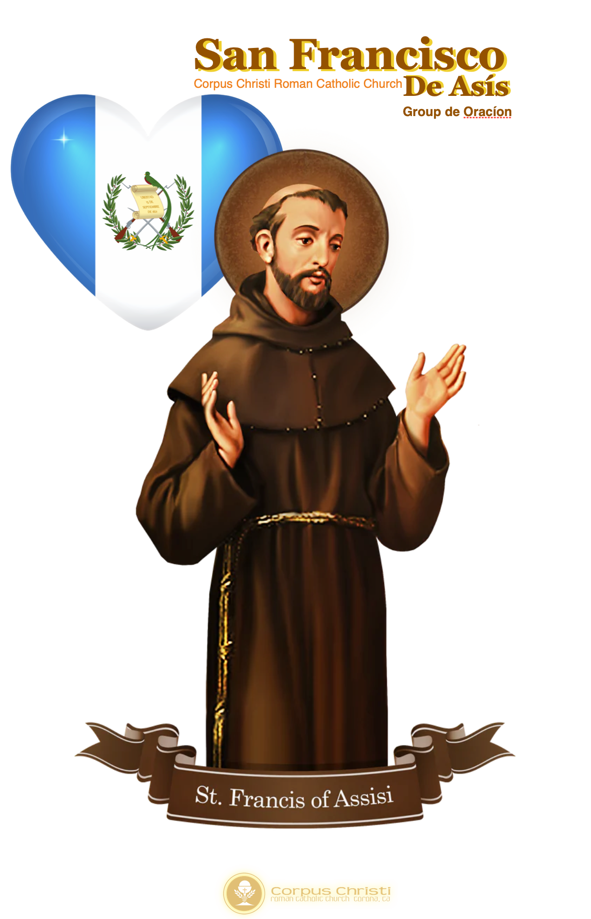 Saint Francis of Assisi in a brown habit with a halo, beside a heart-shaped Guatemalan flag.