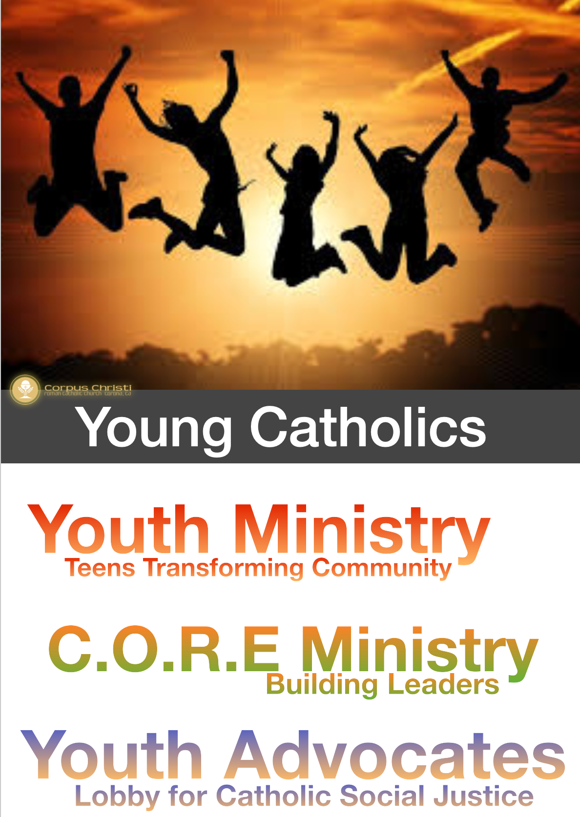 Silhouettes of people jumping against a sunset over a list of Catholic youth programs.
