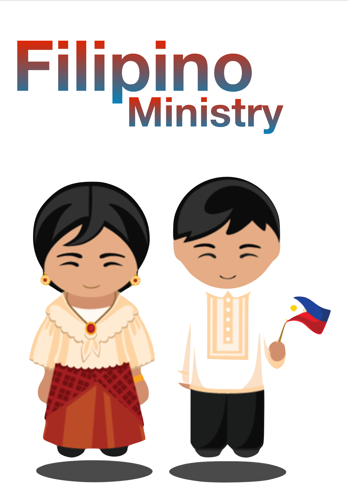 A cartoon couple in traditional Filipino clothing, with the man holding a small Philippine flag, titled Filipino Ministry.