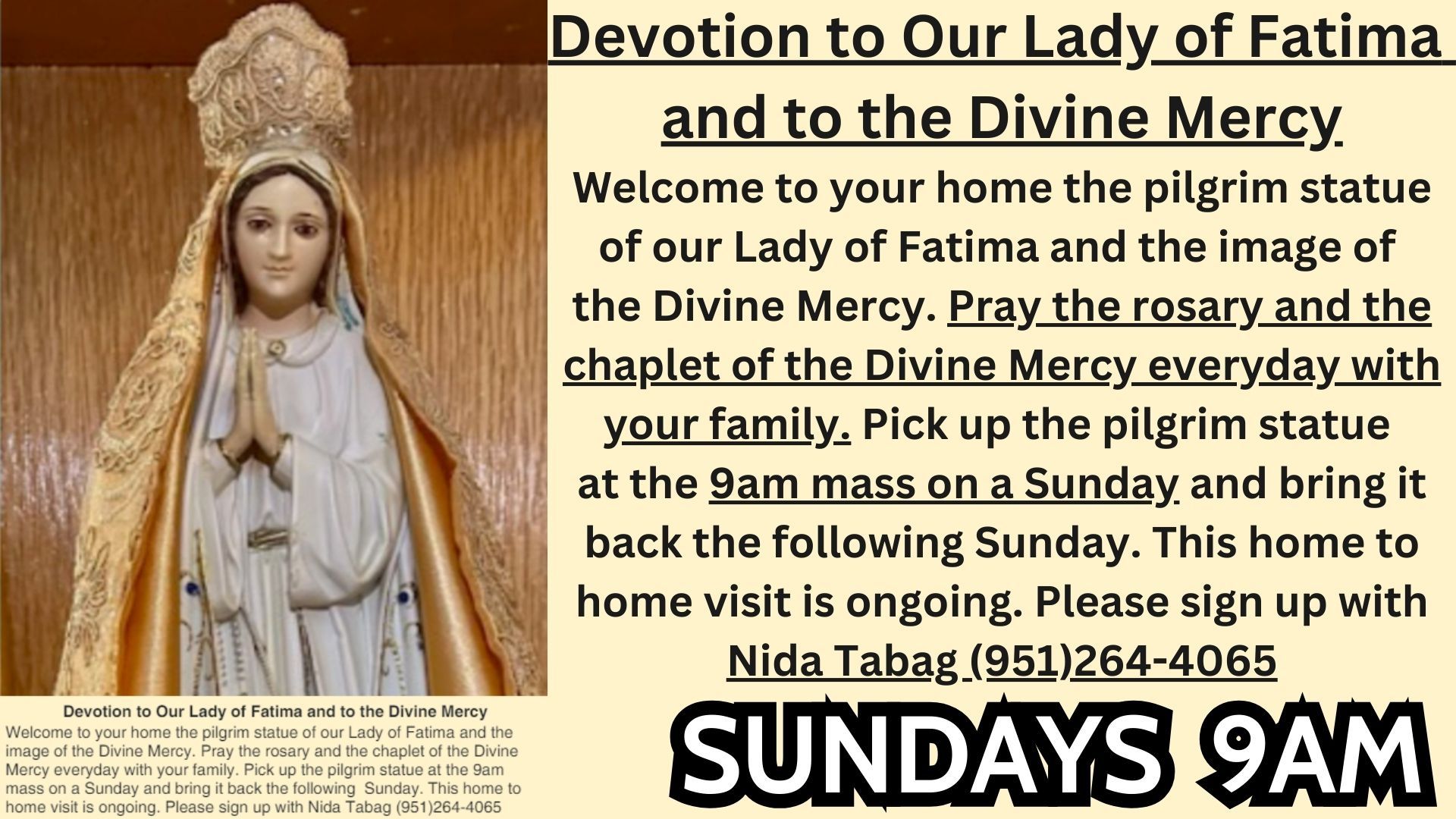 A statue of Our Lady of Fatima beside text inviting families to host the statue and Divine Mercy image for a weekly visit.