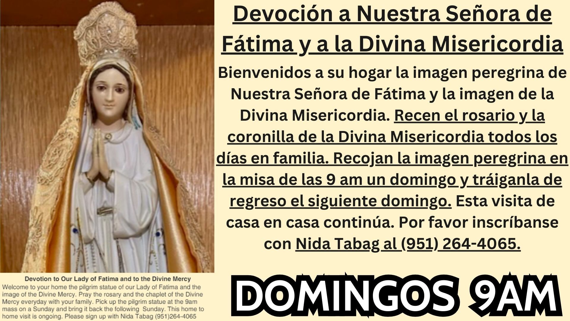 A statue of Our Lady of Fátima with text inviting families to host the pilgrim images for weekly prayer.