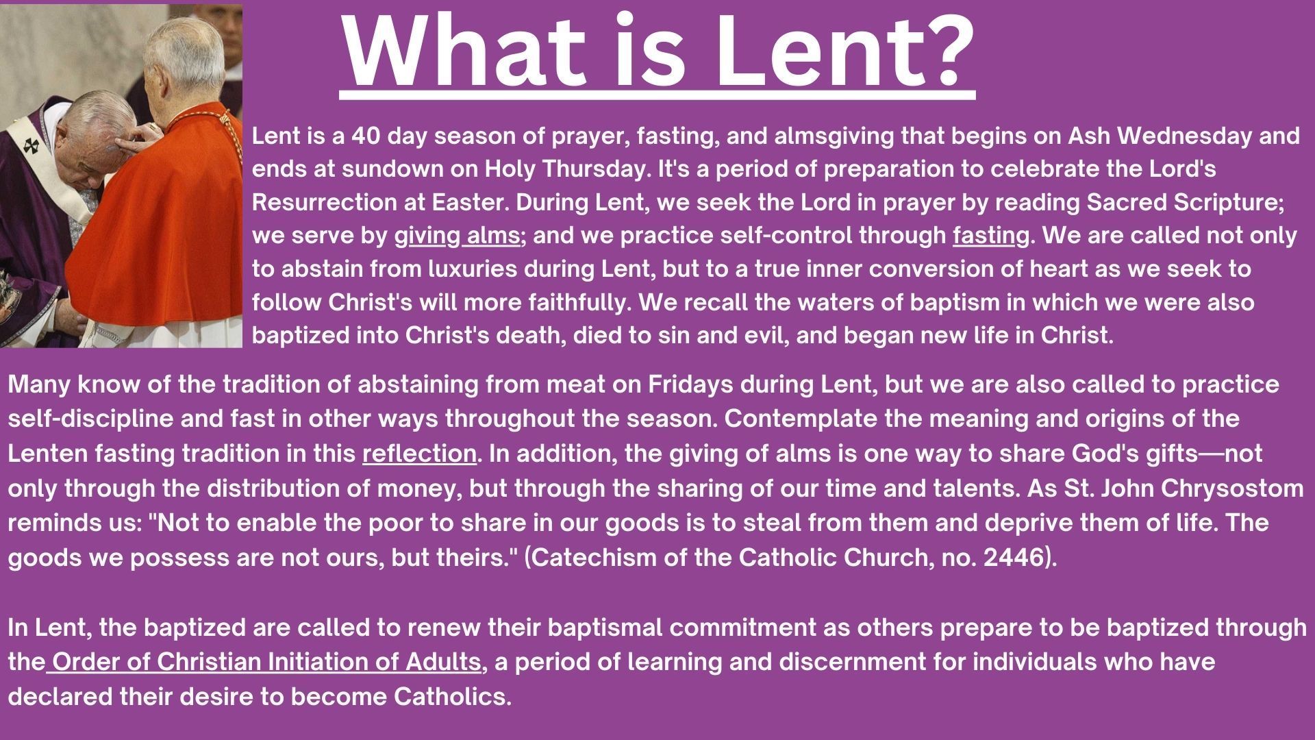 Ash Wednesday schedule: Spanish & English masses, ash distribution times. Purple background, crosses.