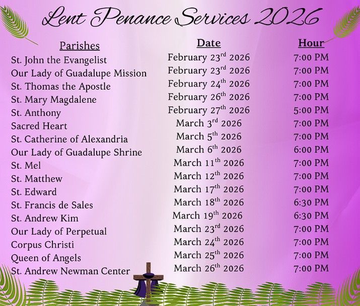 A list of 2026 Lent Penance Service dates, times, and locations for various parishes on a purple background with palm fronds.