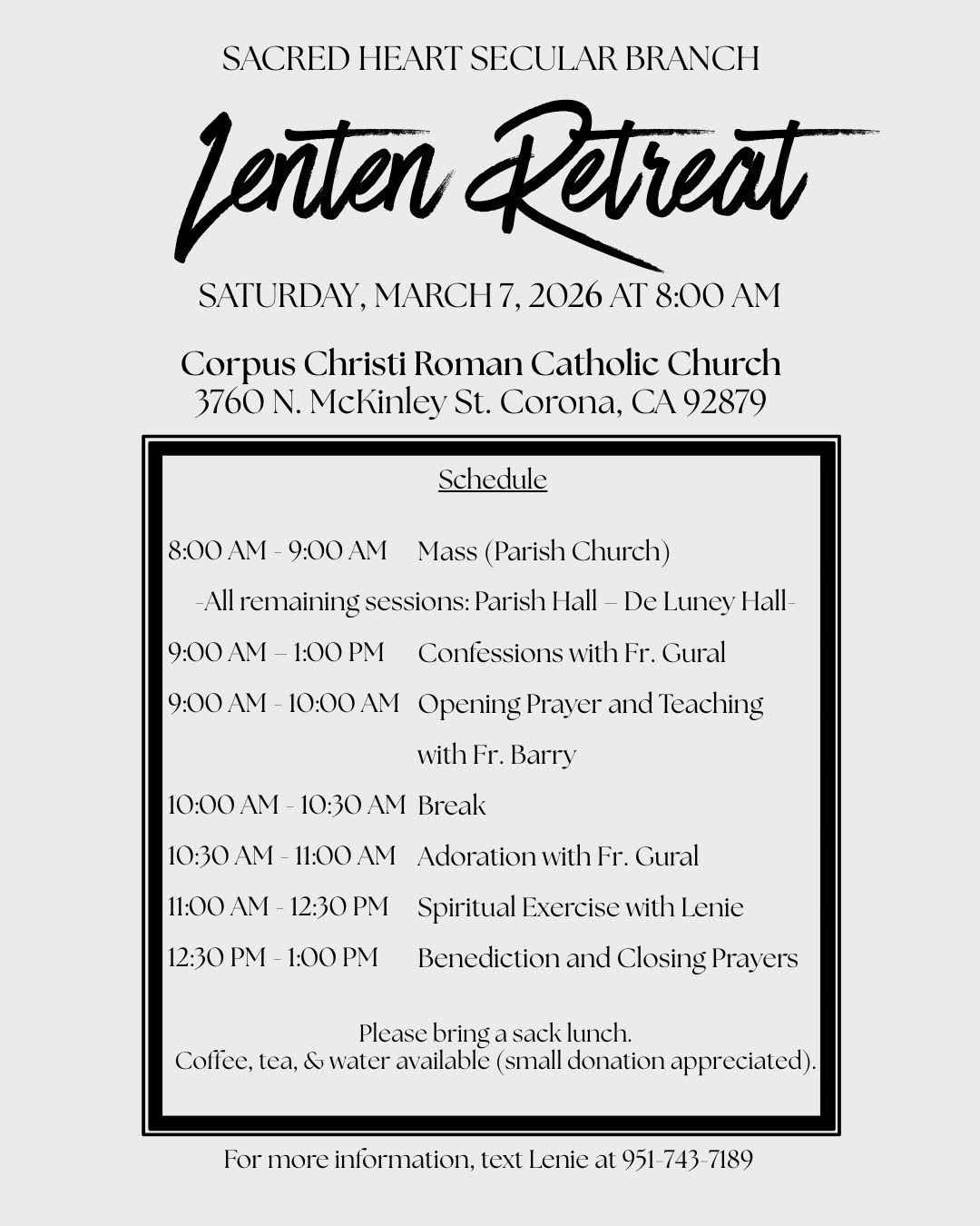Flyer for Sacred Heart Secular Branch Lenten Retreat, March 7, 2026, at Corpus Christi Church, Corona, CA, with schedule.