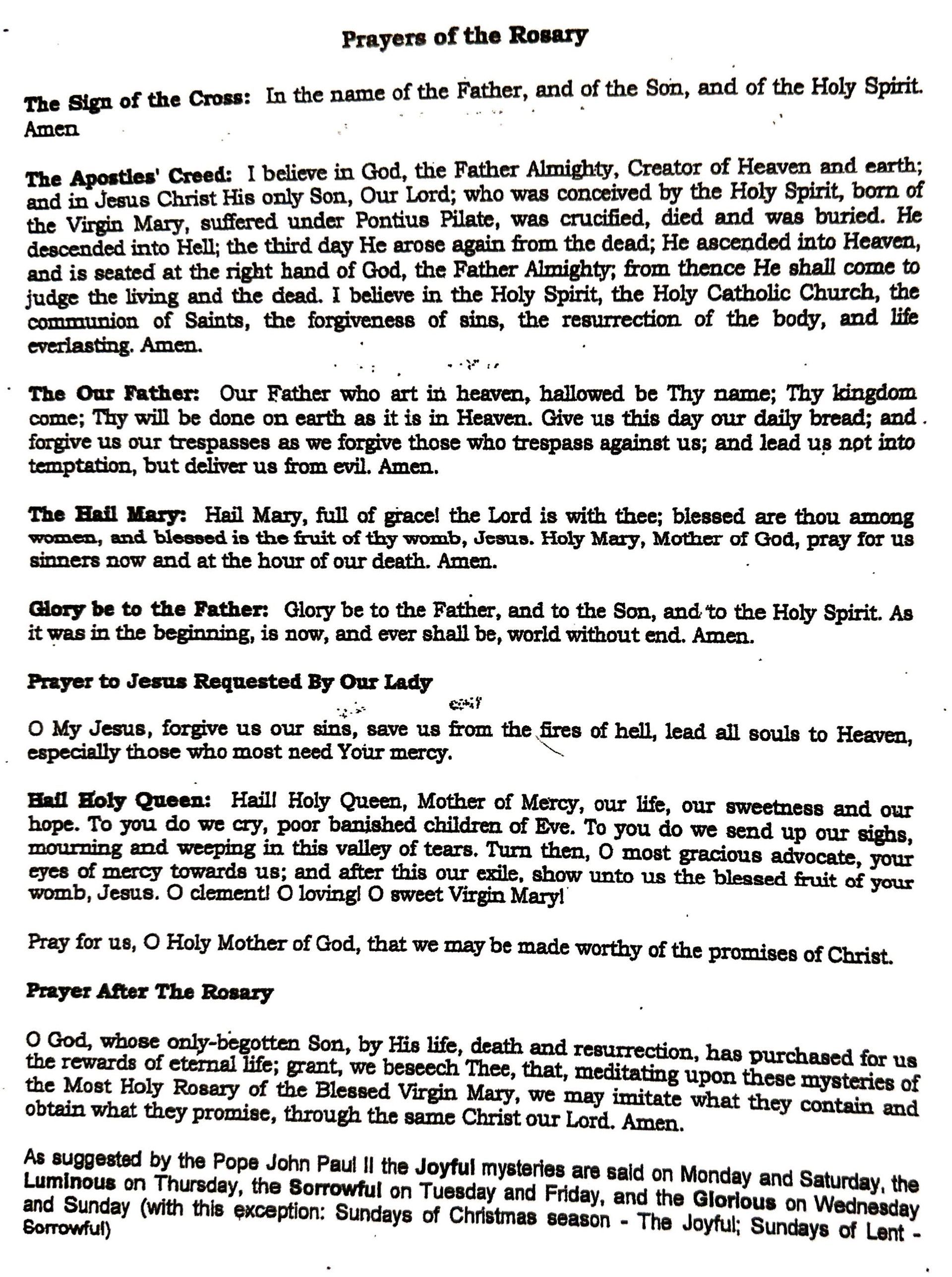A document listing the prayers of the Catholic Rosary, including the Apostles' Creed, Our Father, and Hail Mary.