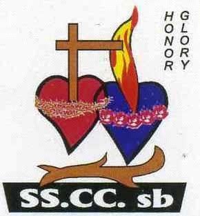 A red Sacred Heart with a cross and a blue Immaculate Heart with roses and a flame, with 