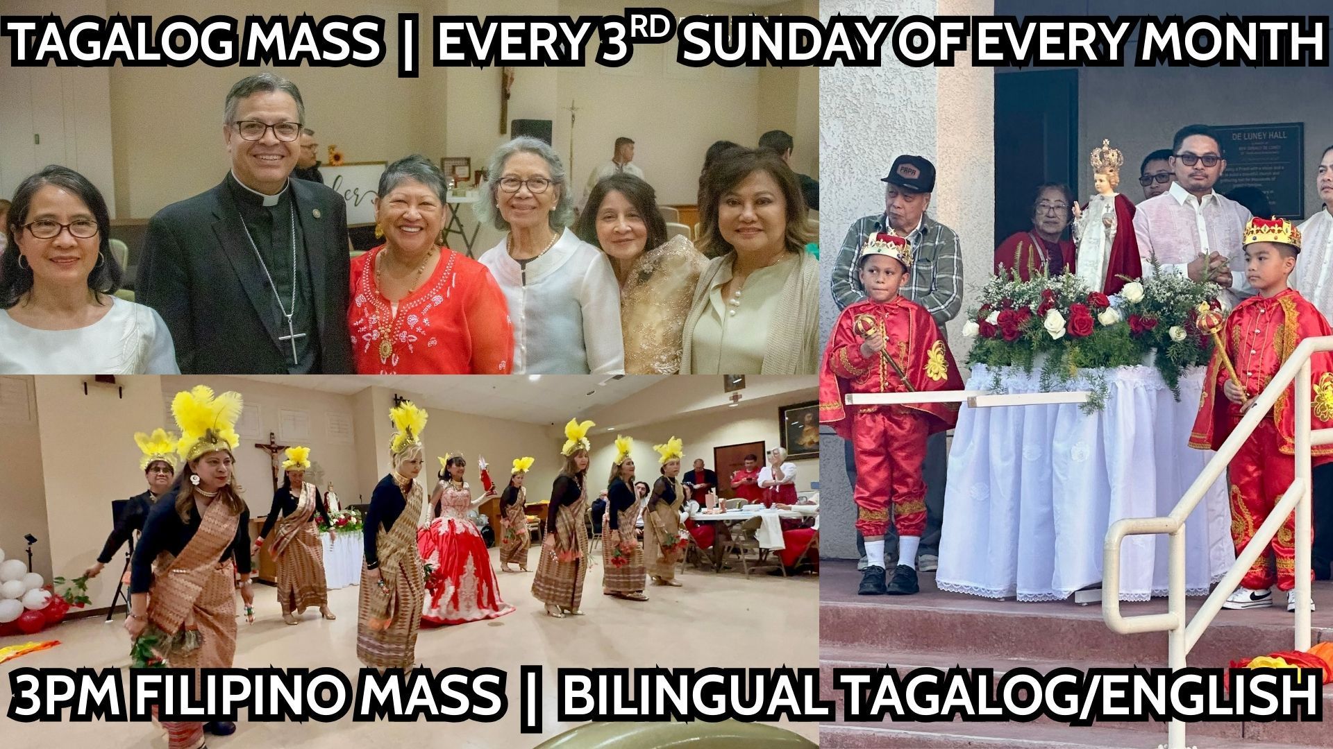 Mass schedule chart with days of the week. Key: Spanish, English, Tagalog. Also includes a healing mass.