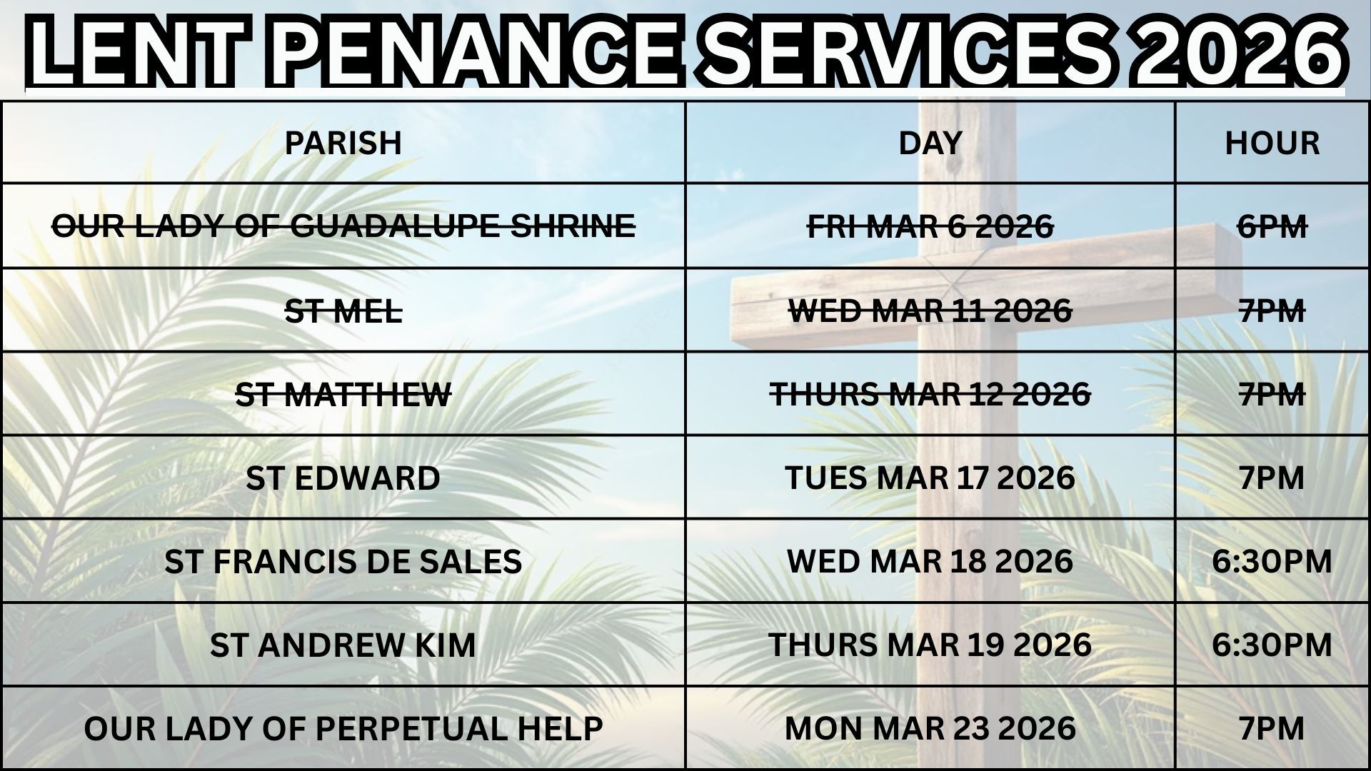 A table listing 2026 Lent Penance Service dates, times, and locations set against a background of palms and a cross.