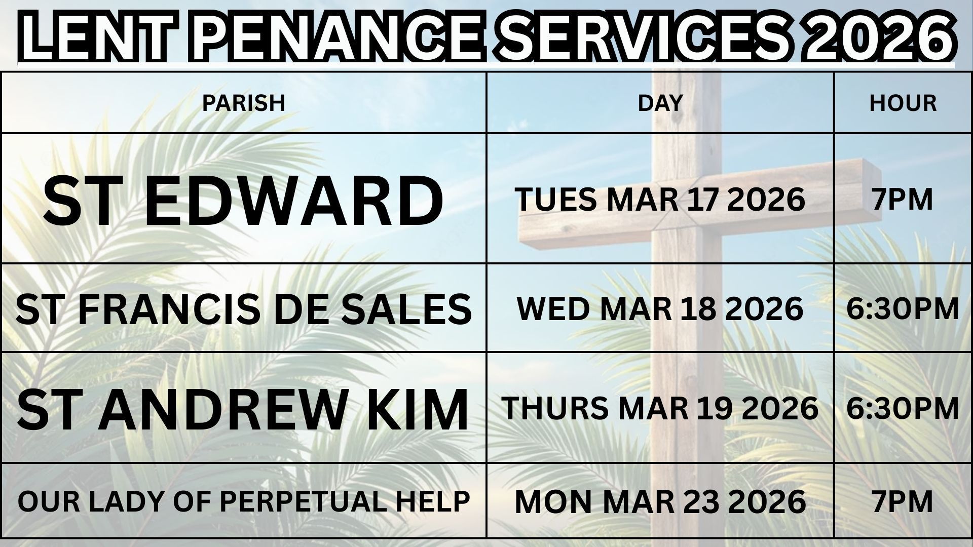 Mass schedule chart with days of the week. Key: Spanish, English, Tagalog. Also includes a healing mass.