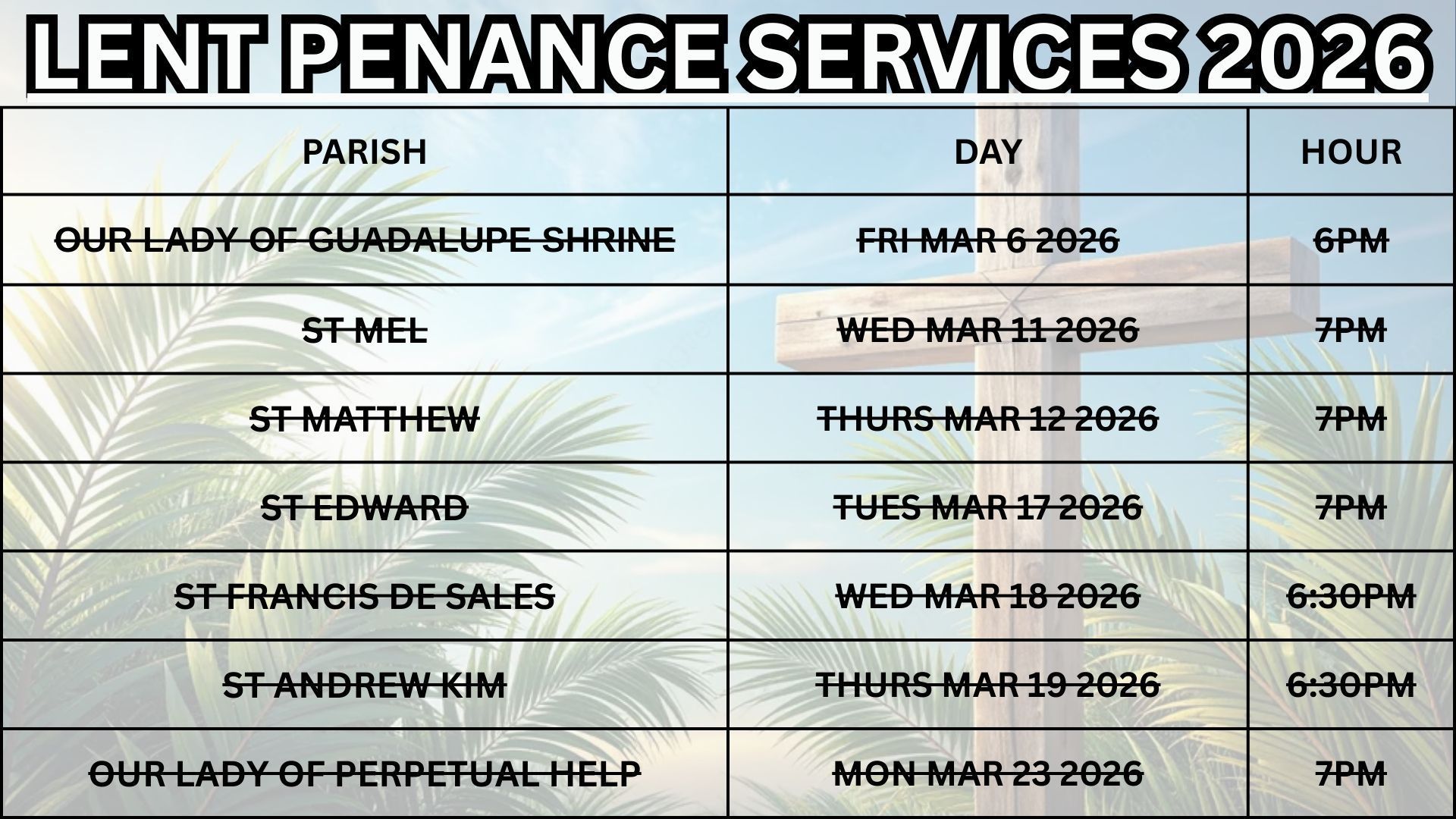 A table listing 2026 Lent Penance Service dates, times, and locations set against a background of palms and a cross.