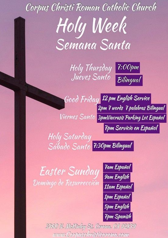 Holy Week schedule listed with dates, times, and languages against a background featuring a wooden cross at sunset.