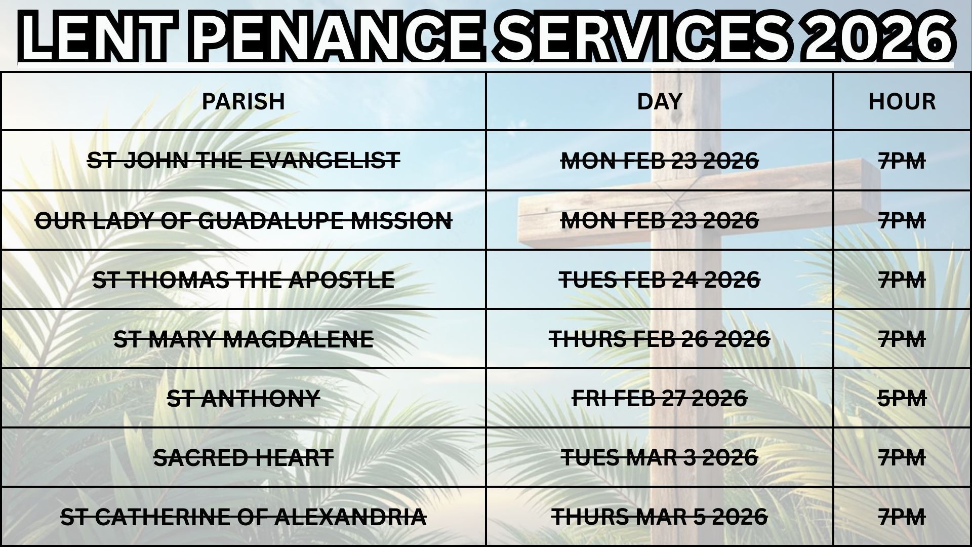 A schedule for 2026 Lent Penance Services listing seven parish names, dates, and times over a cross and palm background.
