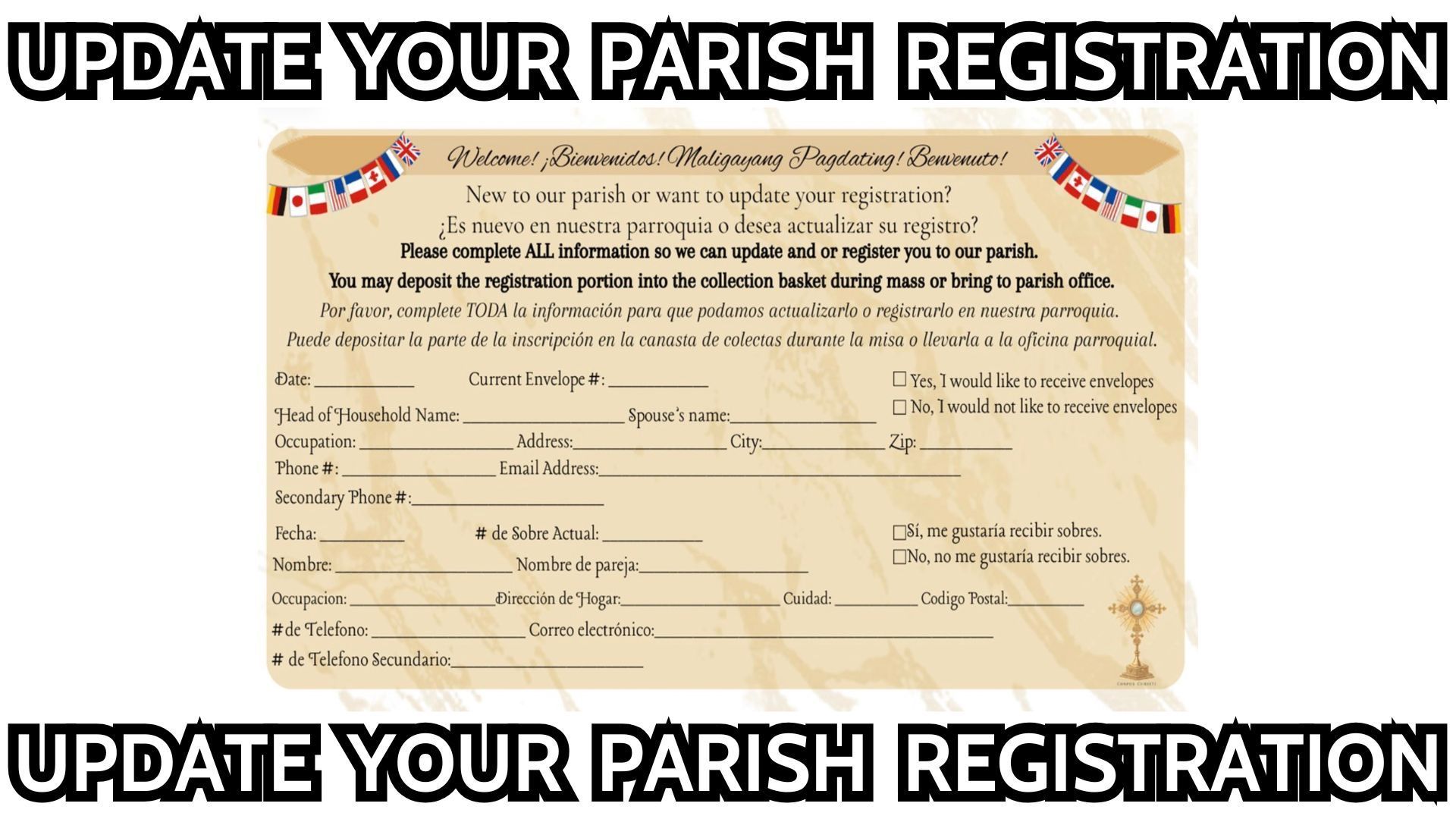 Parish registration form, light brown with black text, surrounded by banner. Text: Update your parish registration.