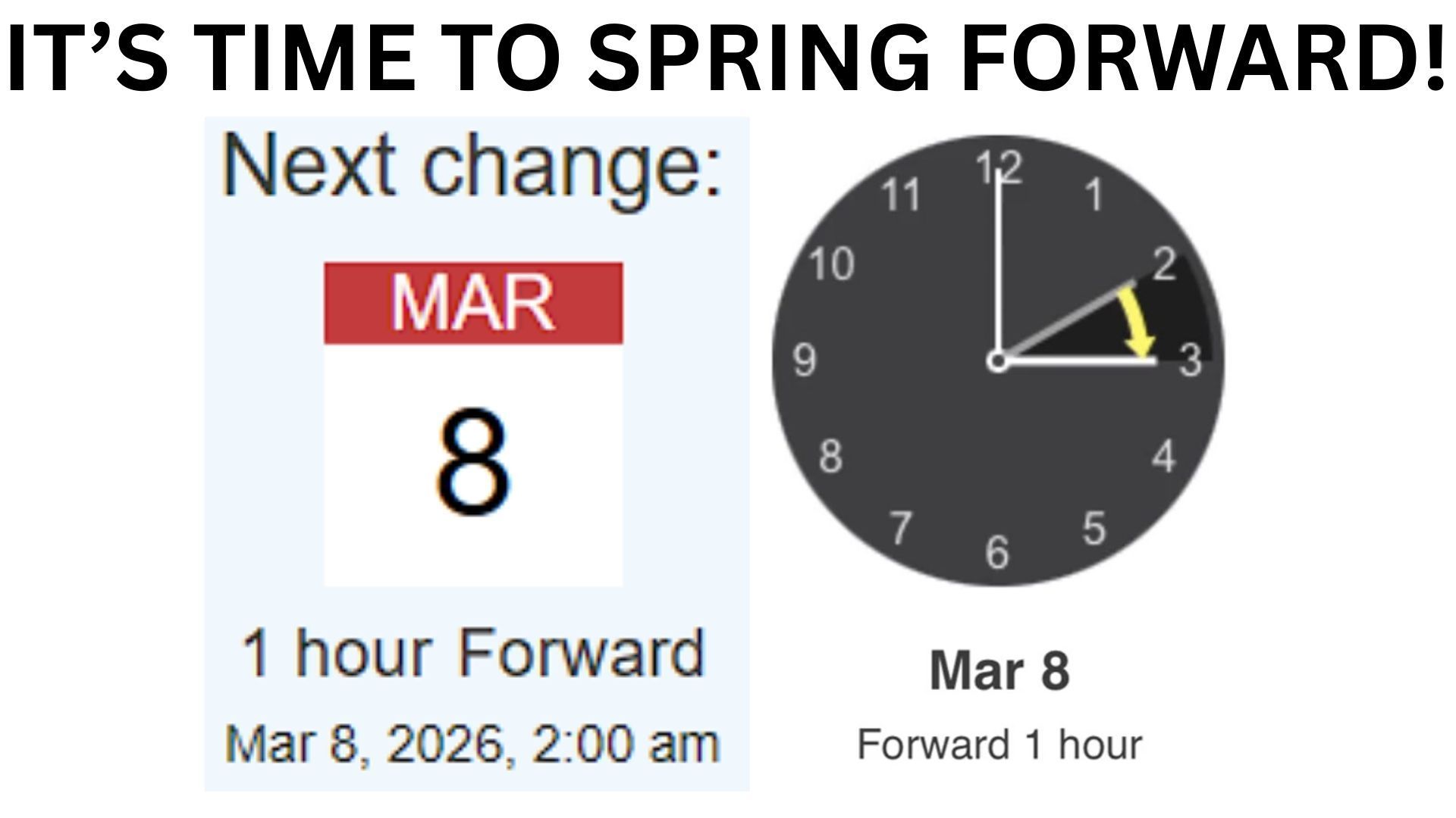 An announcement for daylight saving time on March 8, 2026, showing a clock moving forward from 2:00 to 3:00.