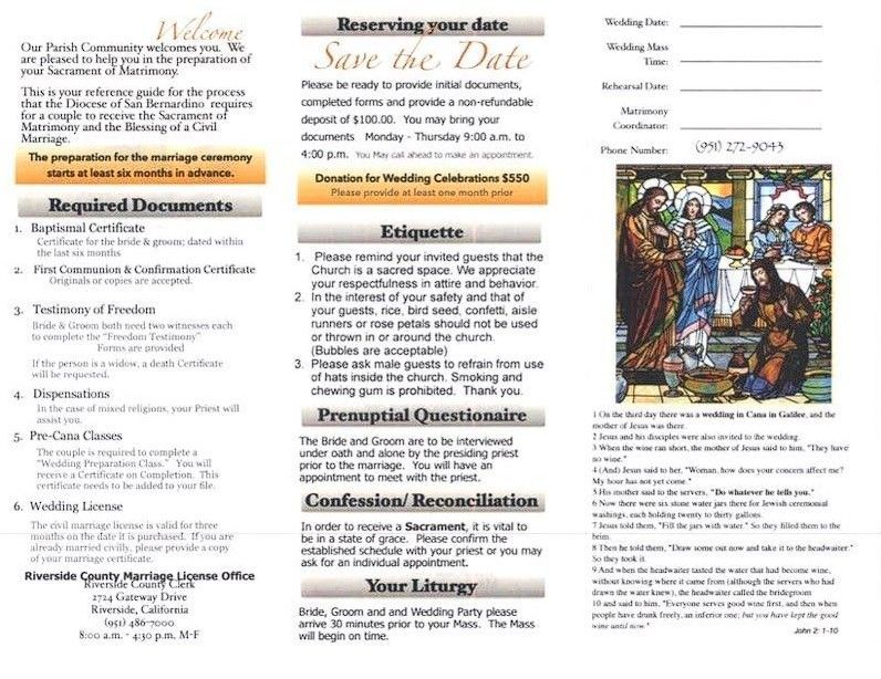 Informational brochure for a church wedding, detailing required documents, etiquette, and planning steps.