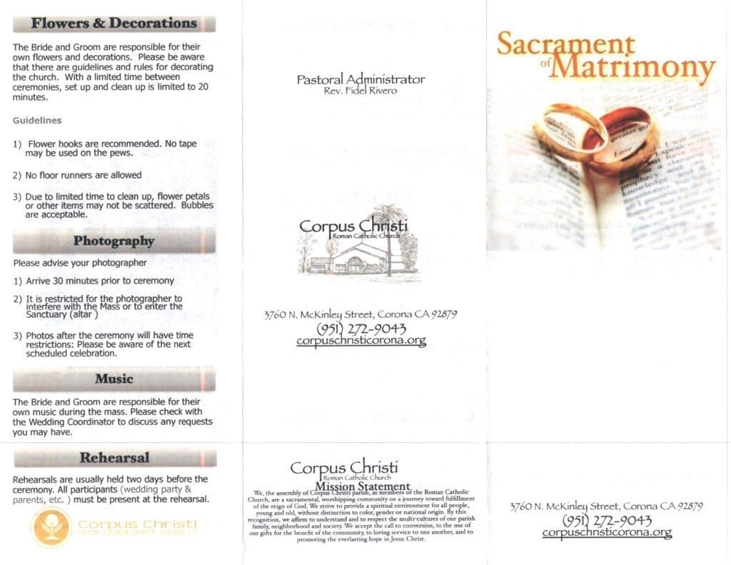 A tri-fold brochure for the Sacrament of Matrimony at Corpus Christi Catholic Church, detailing wedding policies.