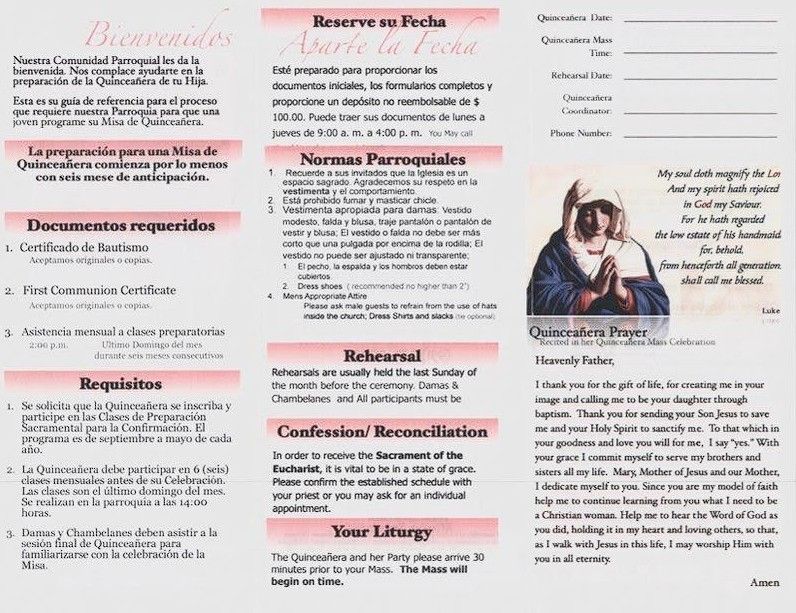 Informational brochure for a Quinceañera celebration at a Catholic church, including requirements, rules, and a prayer.