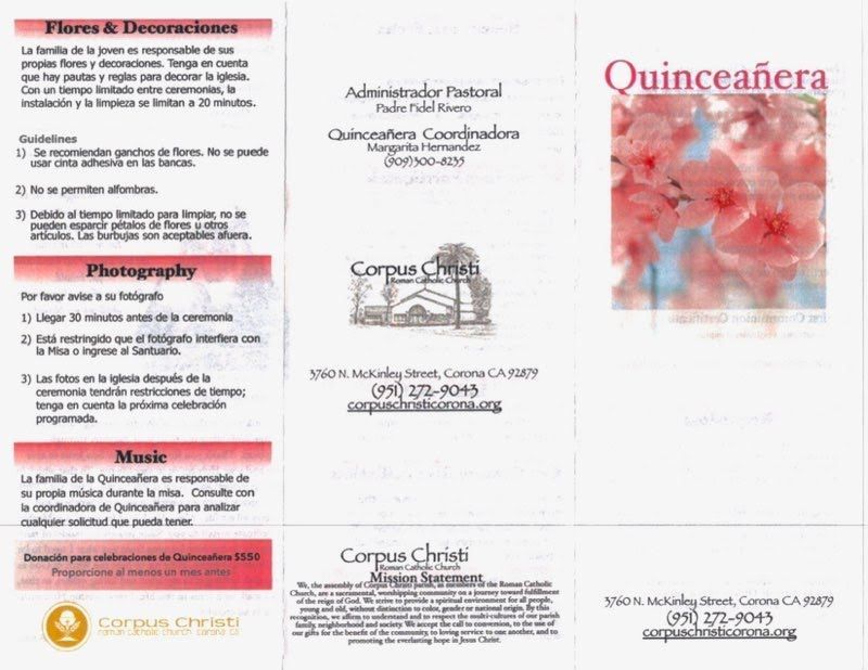 Informational brochure for Quinceañera ceremonies at Corpus Christi Church, detailing rules for flowers, music, and photos.