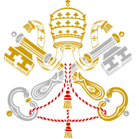 Coat of arms of the Holy See: a golden papal tiara above two crossed keys, one gold and one silver, tied with a red cord.