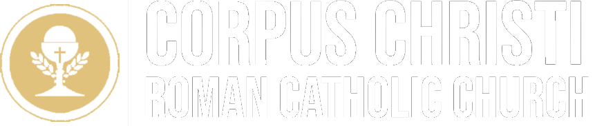 A gold circular logo with a chalice and host, beside the text: "Corpus Christi Roman Catholic Church."