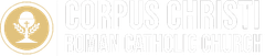 A gold circular logo with a chalice and host, beside the text: "Corpus Christi Roman Catholic Church."