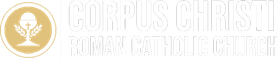 A gold circular logo with a chalice and host, beside the text: "Corpus Christi Roman Catholic Church."