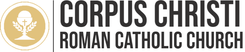 Logo for Corpus Christi Roman Catholic Church featuring a circular gold icon of wheat and a chalice next to the text.