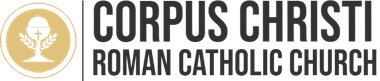 Logo for Corpus Christi Roman Catholic Church featuring a circular gold icon of wheat and a chalice next to the text.