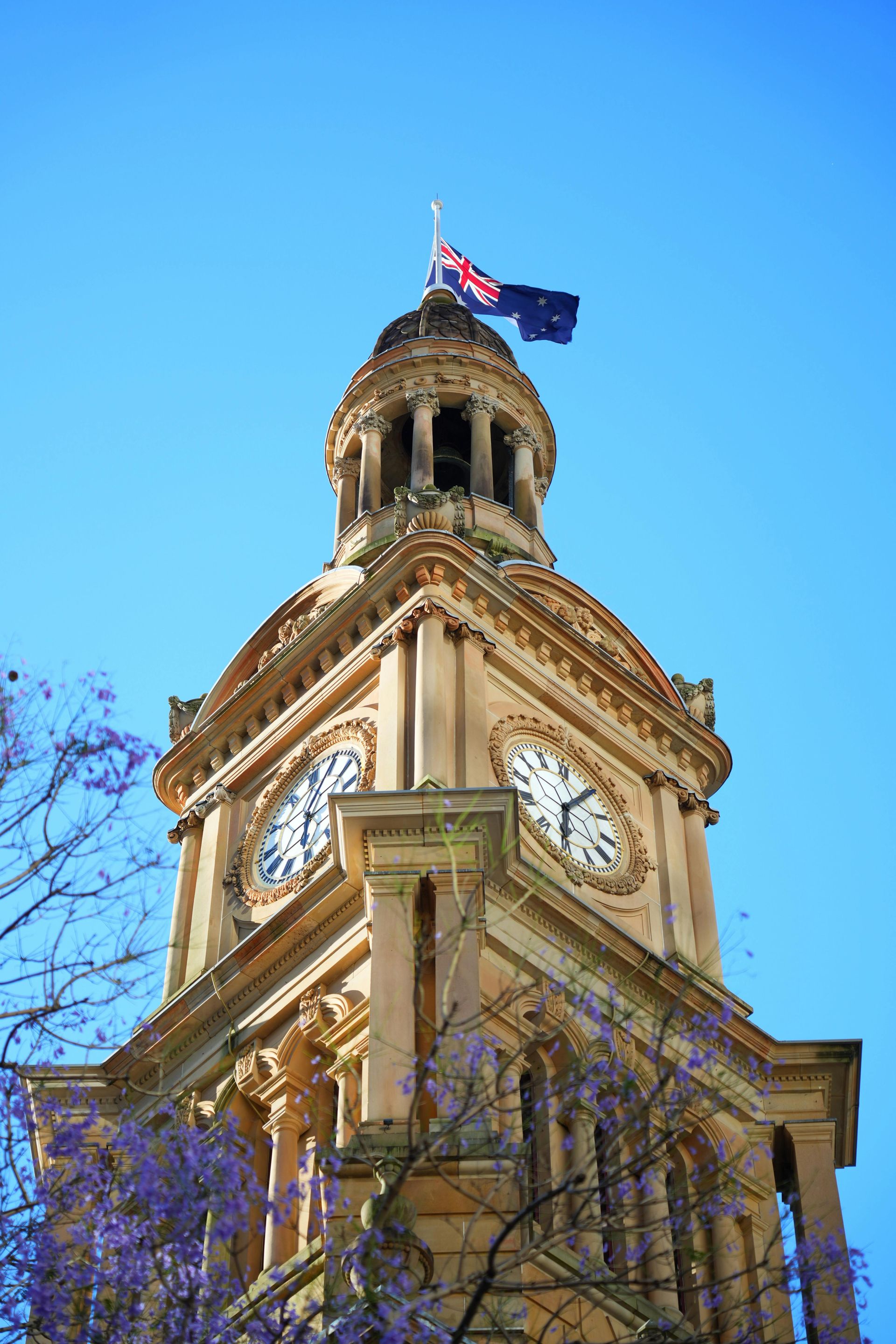 Clock tower with Australian flag against a blue sky, purple flowering tree in foreground.