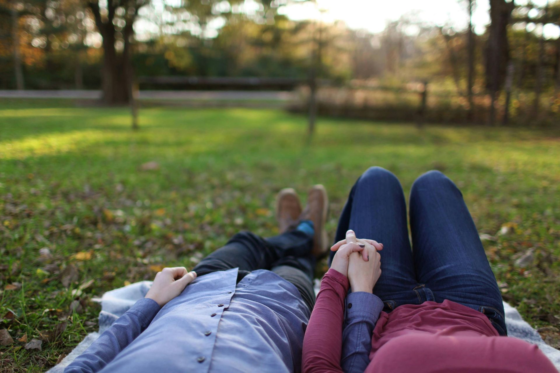 Couple holding hands while lying on a blanket in a park. Warm sunlight shines through trees.